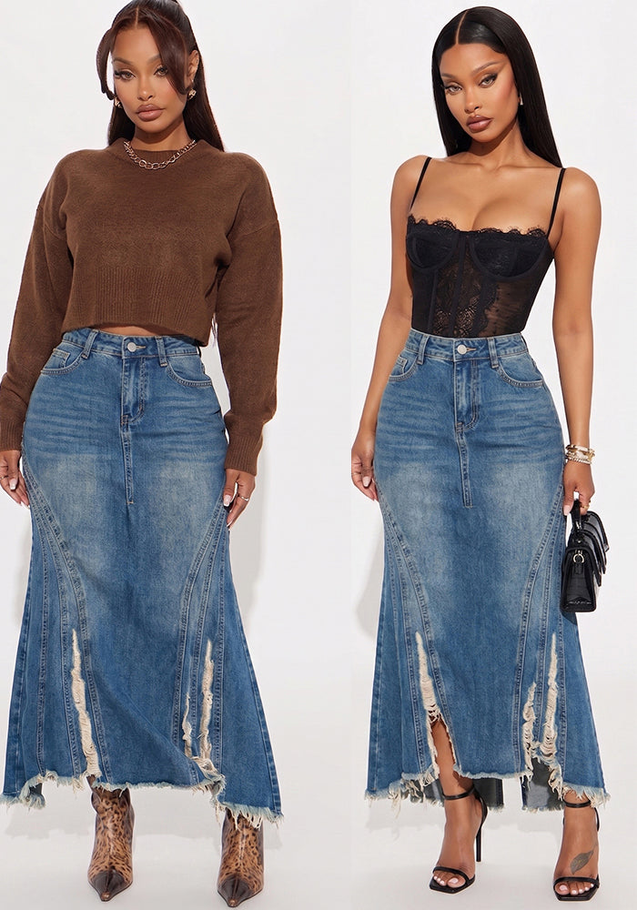 Raw-Edge Ripped Mermaid Denim Skirt for Summer Streetwear