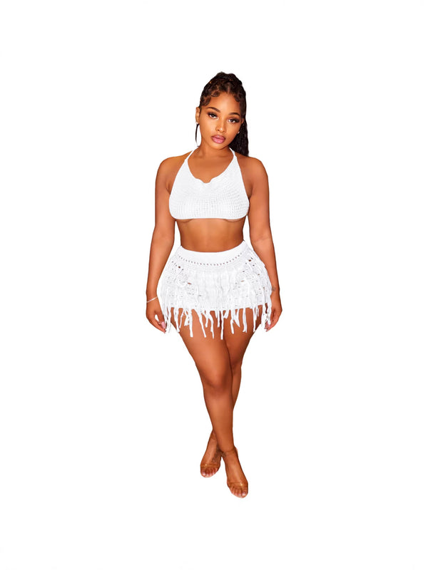 Knitted Crochet Tassel Lace-Up Skirt Set for Summer Beachwear