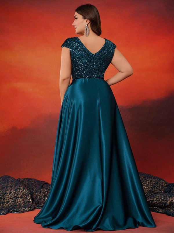 Plus Size Women sequined v-neck Formal Party elegant evening dress