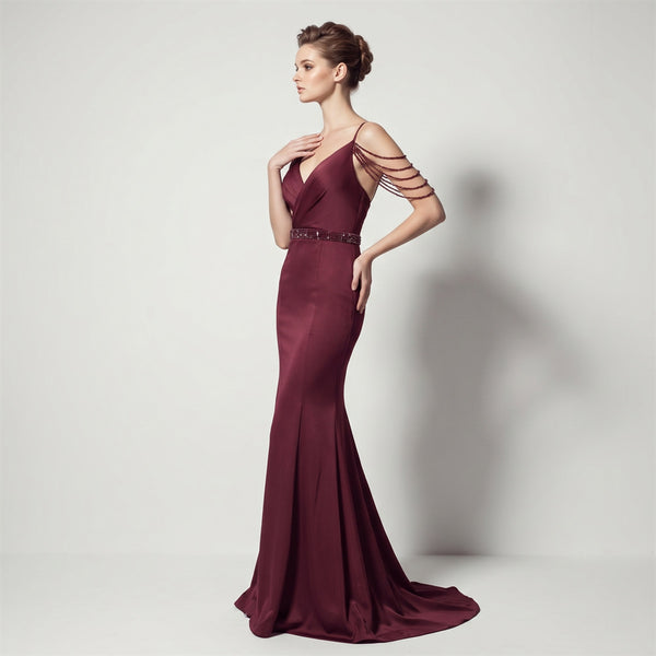 V-Neck Spaghetti Strap Backless Split Evening Gown for Parties
