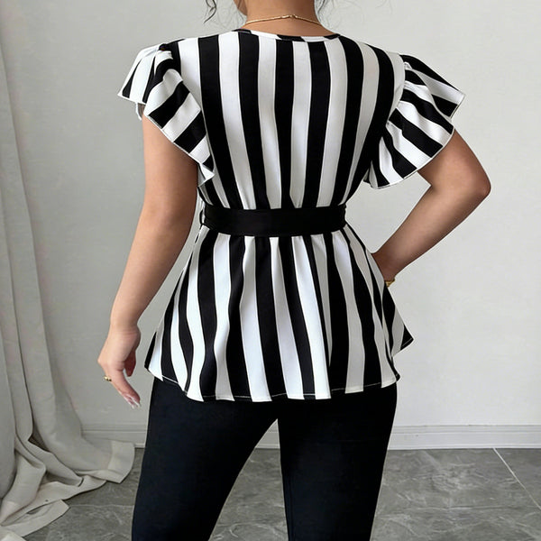 Black & White Striped Short Sleeve V-Neck Belted Top