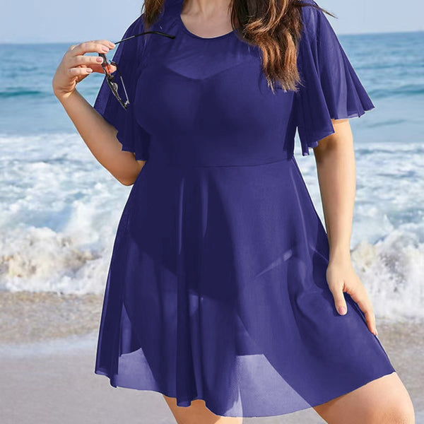 Plus Size Ruffle Sleeve Triangle Bottom One-Piece Swimsuit for Holiday Beachwear
