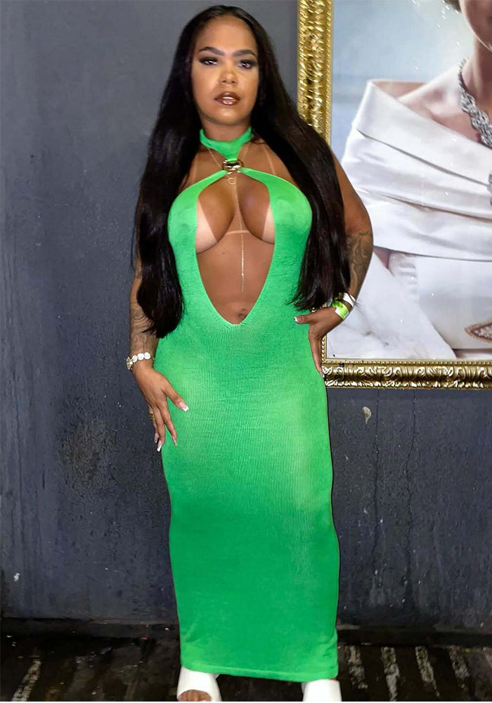 Solid Hollow-Out Halter Bodycon Dress for Club Nights