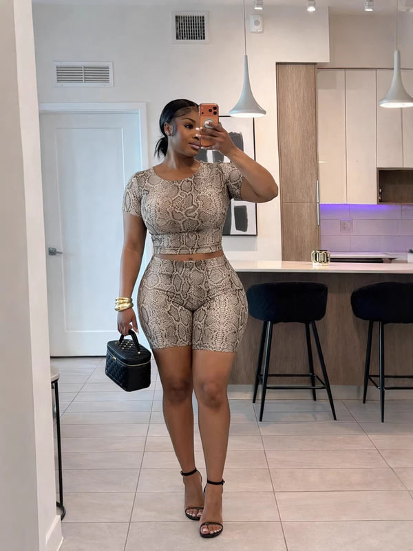 Snake Print Round Neck Short-Sleeve Top & Shorts Set