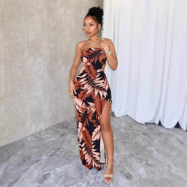 Floral Strapless High Split Dress for Summer Vacations