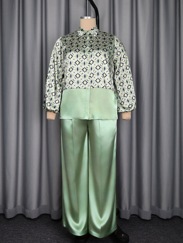 Plus Size Geometric Print Shirt & Wide-Leg Pants Set for Office Wear