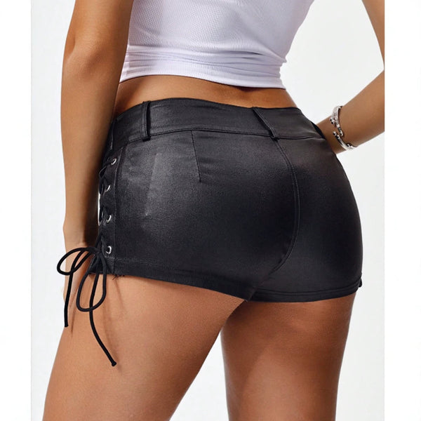 Leather Low Rise Lace-Up Belted Shorts for Clubwear
