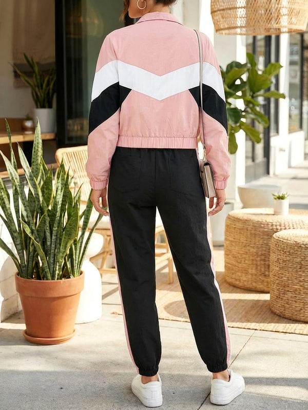 Pink Patchwork Sports Jacket & Striped Pants Set for Spring Activewear
