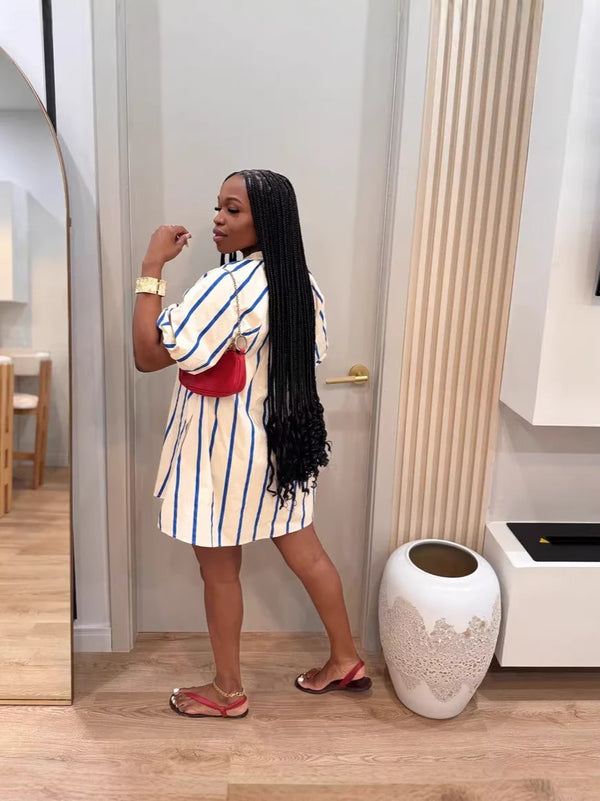 V-Neck Striped Puff Sleeve Mini Dress for Casual Elegance