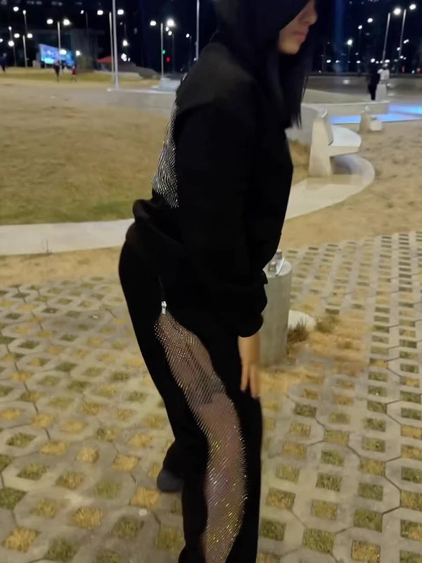 Black Hoodie & Mesh Patchwork Pants Set for Casual Streetwear