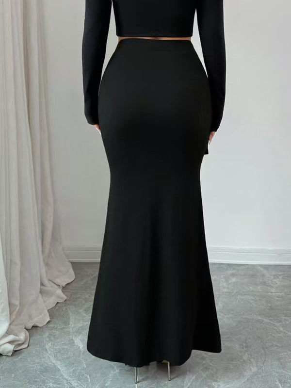 Solid Metal Decor Bodycon Mermaid Midi Skirt for Evening Wear