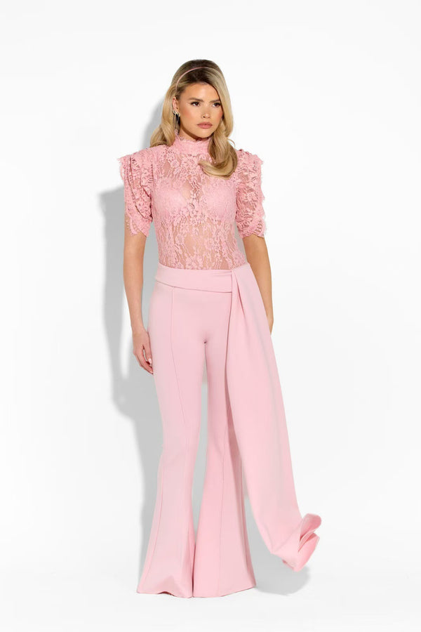Semi-High Neck Lace Top & Pants Two-Piece Set for Evening Wear