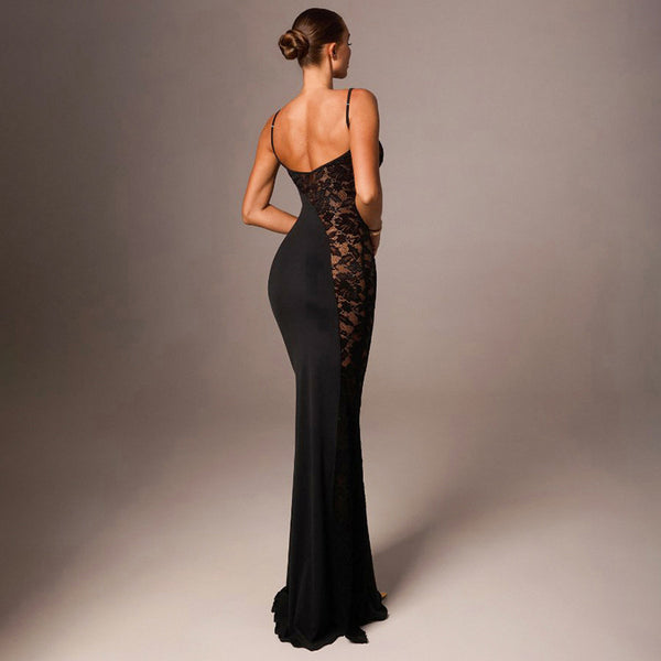Lace Patchwork Sleeveless Strap Tight Long Dress for Summer