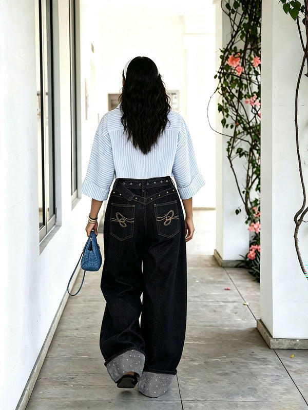 Turn-Up Hem Beaded Studded Washed Denim Pants for Streetwear