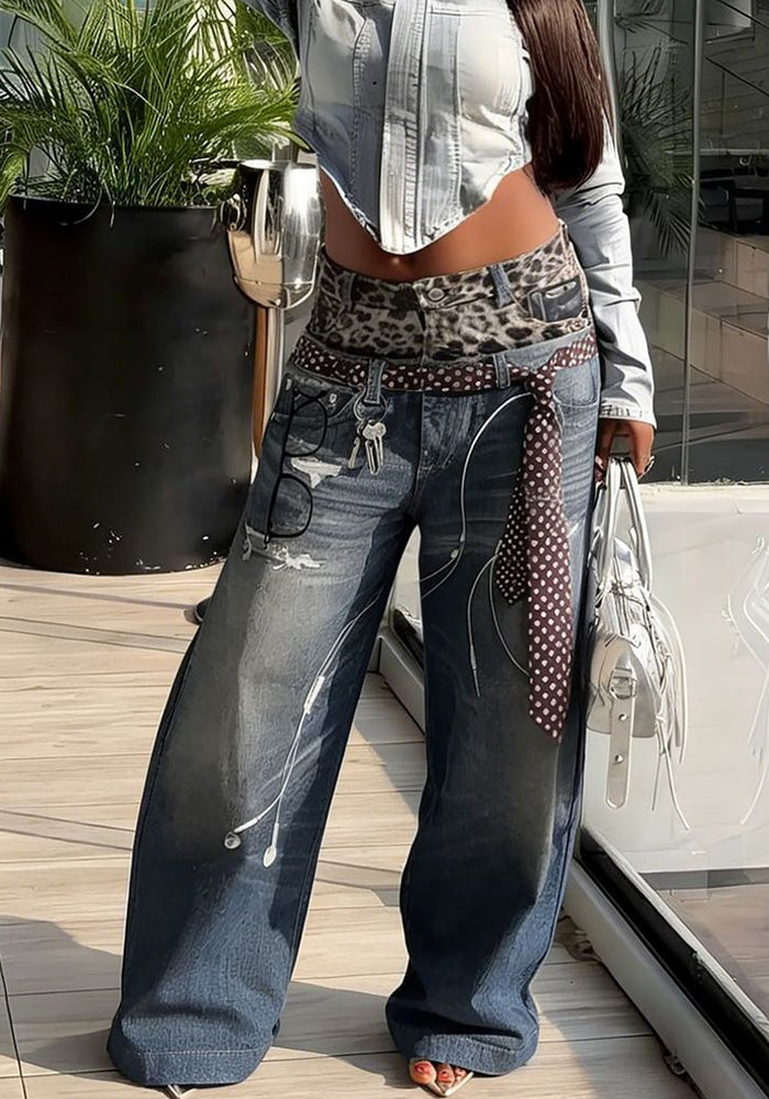 Leopard Print Denim Jeans for Casual Streetwear