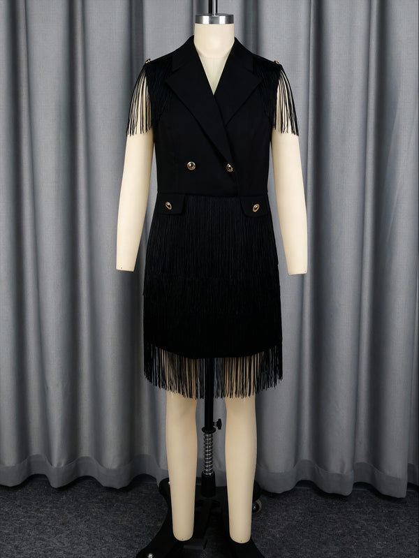 Double-Breasted Slim Waist Fringe V-Neck Blazer Dress for Career & Party Wear