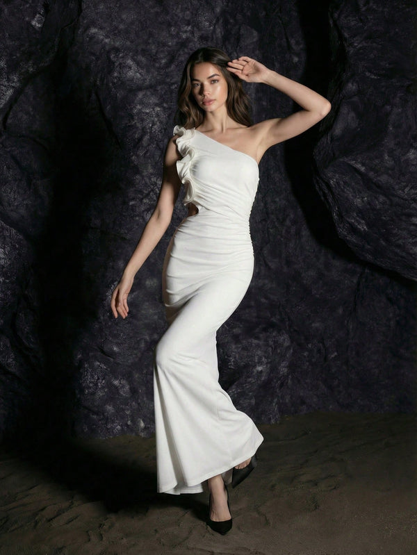 One-Shoulder Ruched Mesh Dress for Evening Parties