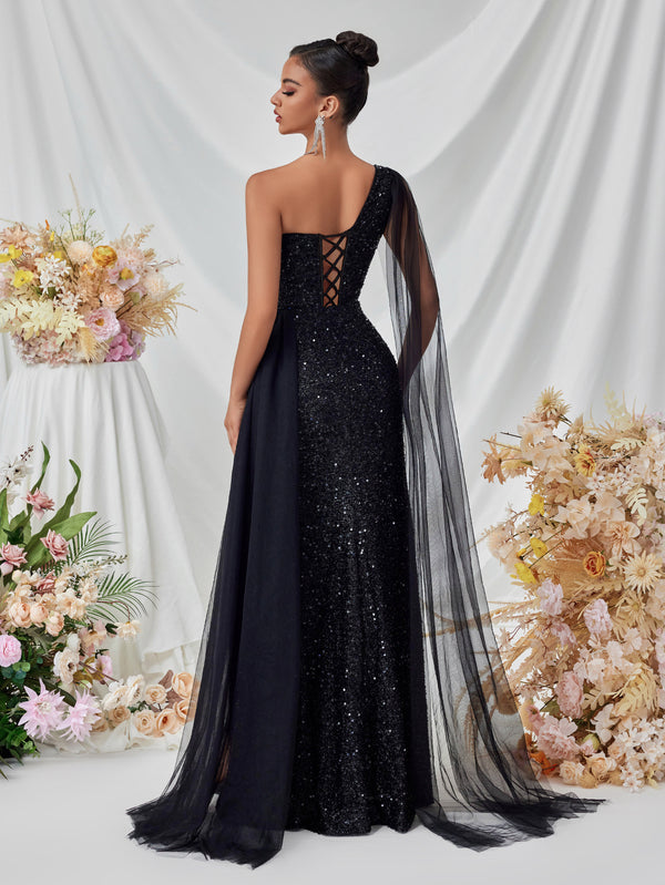 Slash Shoulder Sequin Mesh Sash-Detail Slit Evening Dress