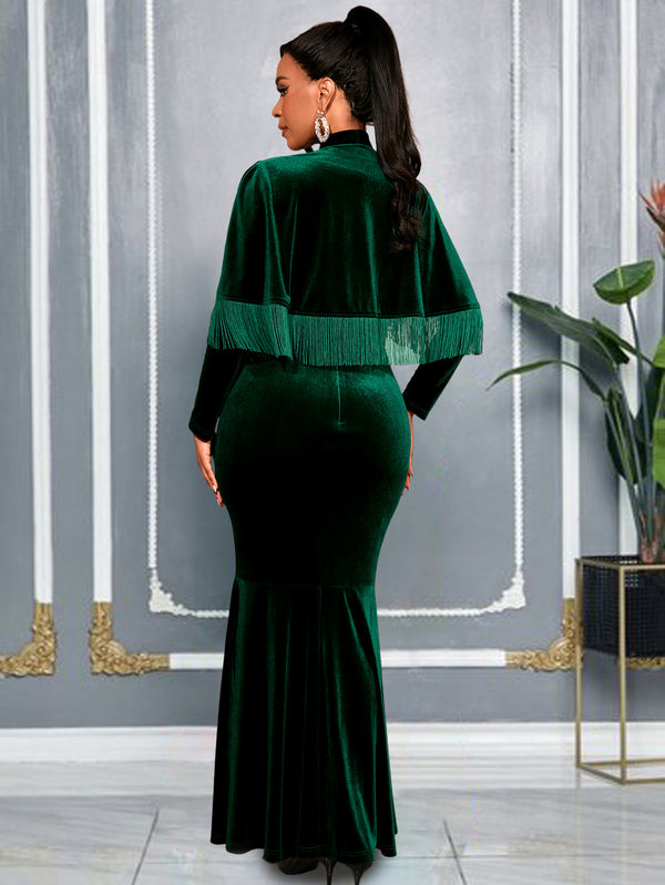 Women Velvet Tassel Bow Tie Shawl Mermaid Evening Dresses Two-Piece Set