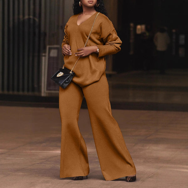 Solid Long-Sleeved Slit Two-Piece Lounge Set