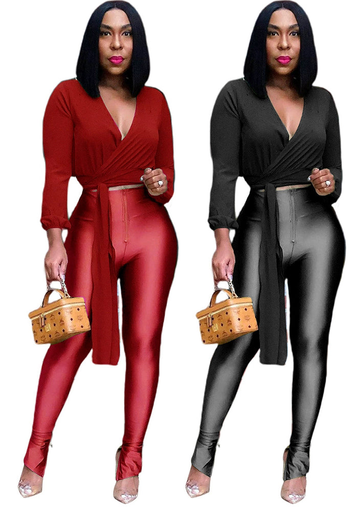 Women's Chiffon Top and Metallic Pants Two-Piece Outfit