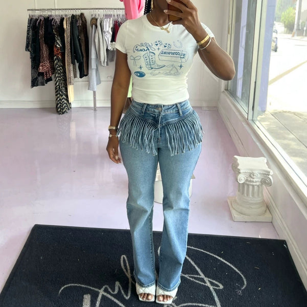 Tassel Pocket Washed Denim Long Pants for Casual Streetwear