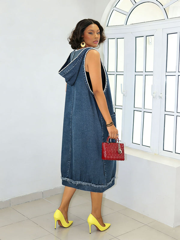 Oversized Pocket Hooded Midi Dress for Casual Wear