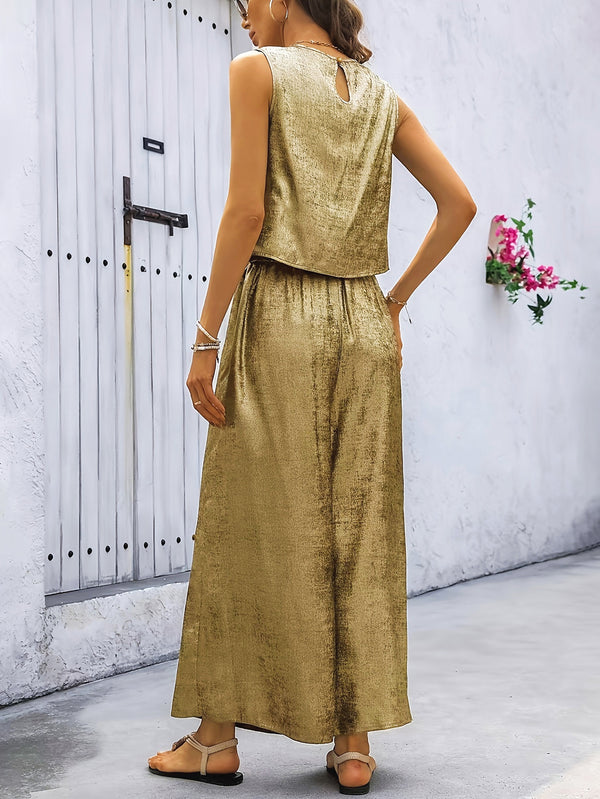 Zipper Sleeveless Top & Bell Bottom Pants Casual Two-Piece Set