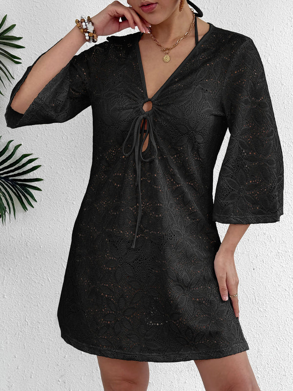 Hollow Knitted Deep V Cover-Up Dress for Beach Vacations