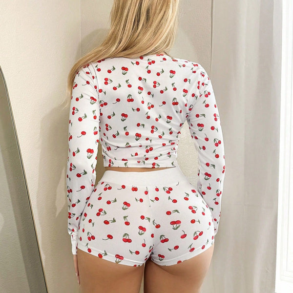 Women Cherry Stretchy Long-Sleeved Top and Shorts Two-Piece Set