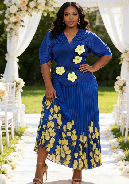 Plus Size Women Pleated Puff Sleeve Beaded Floral Top and Skirt Two-Piece Set