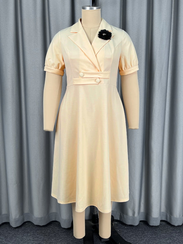 Plus Size Beige Turn-Down Collar Puff-Sleeve Dress for Casual Wear