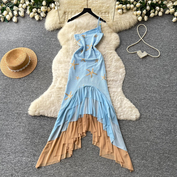 Slash Shoulder Spaghetti Strap Gradient Irregular Mermaid Hem Dress for Summer Holidays
