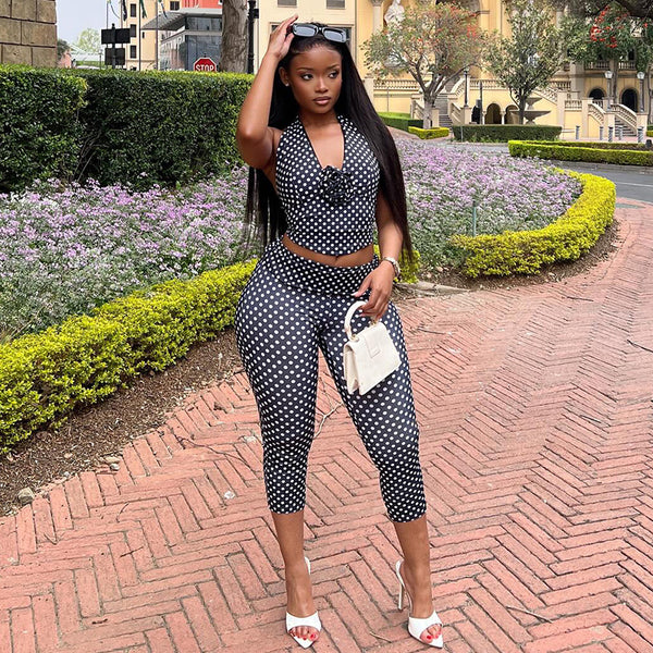 Polka Dot Halter Neck Top & Pants Two-Piece Set for Summer