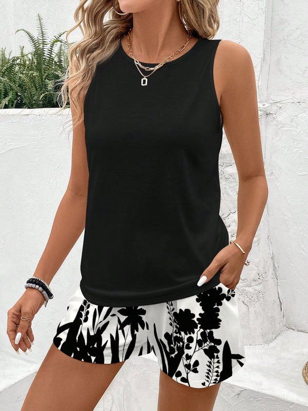 Plus Size Sleeveless Tank & Drawstring Shorts Set for Summer