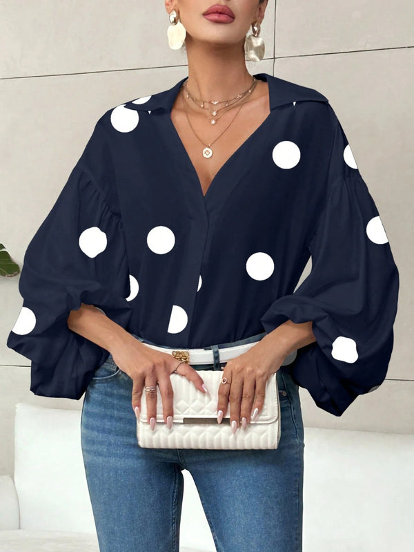 French Polka Dot Half-Open Neckline Puff Long-Sleeve Top