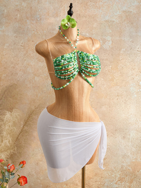Green Beaded Halter Neck Crop Top Vest for Beach Parties