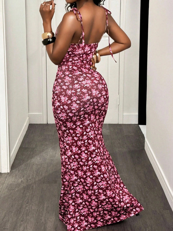 Floral Tie-Strap Cami Mermaid Maxi Dress for Summer Events