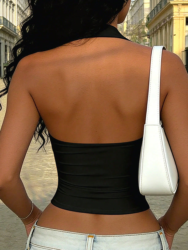 Black V-Neck Halter Backless Crop Top for Casual Wear