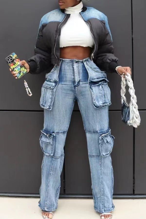 Patchwork Multi-Pocket Denim Pants for Casual Streetwear