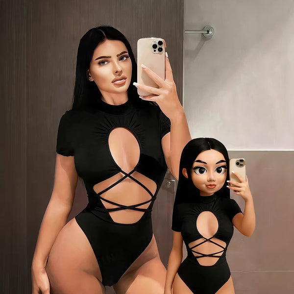 Hollow-Out Lace-Up Short Bodysuit Basic Top for Summer
