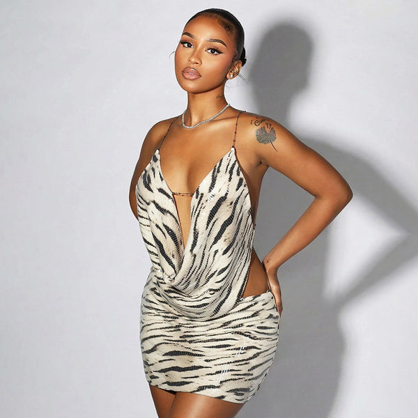 Zebra Sequined Halter Backless Top & Skirt Set for Summer Parties