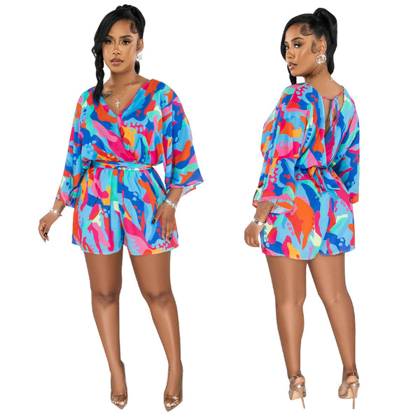 Printed V-Neck Low Back Shorts Jumpsuit for Summer Outings