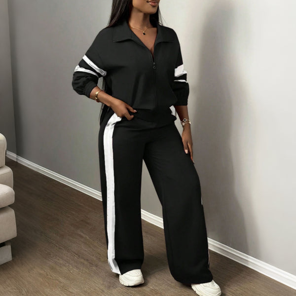 Color Block Striped Zip Top & Wide Leg Pants Tracksuit for Casual Wear