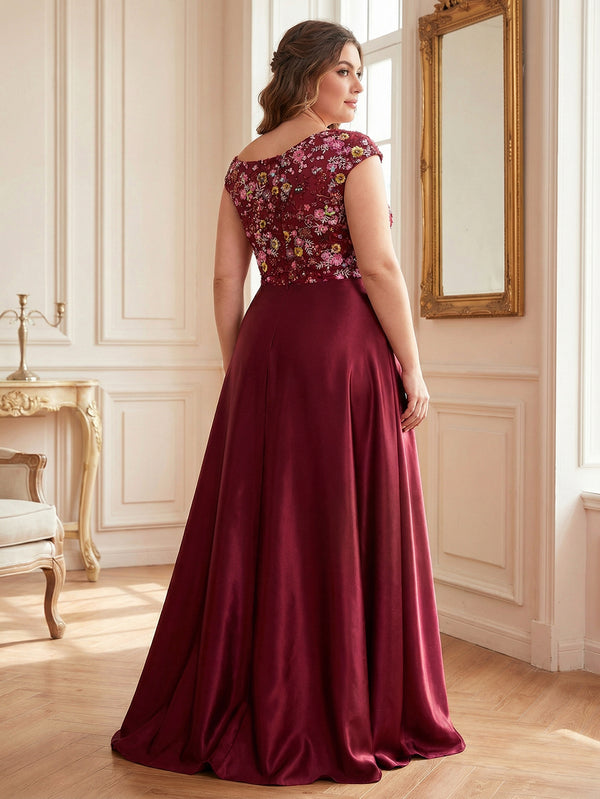 Plus Size Embroidered Satin Irregular Neck Pleated Evening Dress for Formal Events