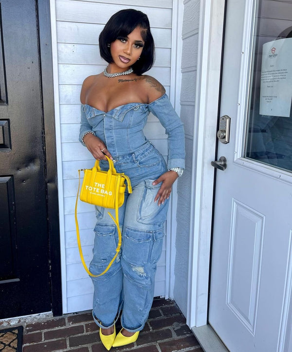 Off-Shoulder Buttoned Multi-Pocket Denim Jumpsuit for Autumn/Winter