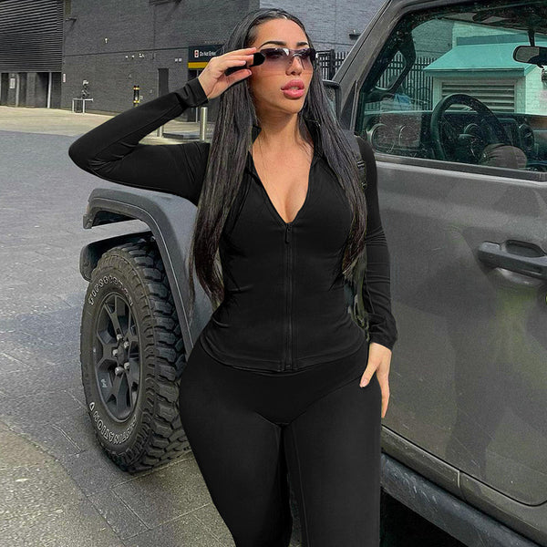 Women's Autumn Solid Stand Collar Zip-Up Sports Jacket and Pants Fitness Set