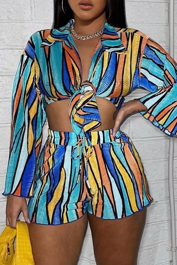Colorful Printed Shirt Collar & Shorts Set for Summer