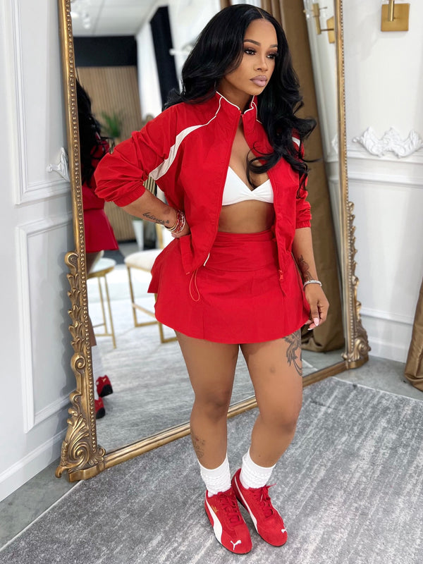 Zipper Color-Blocked Stand Collar Jacket & Pleated Skirt Set