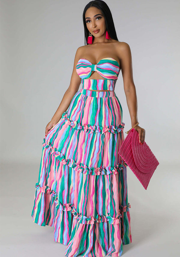 Strapless Striped Print Top & Long Skirt Set for Summer Vacations